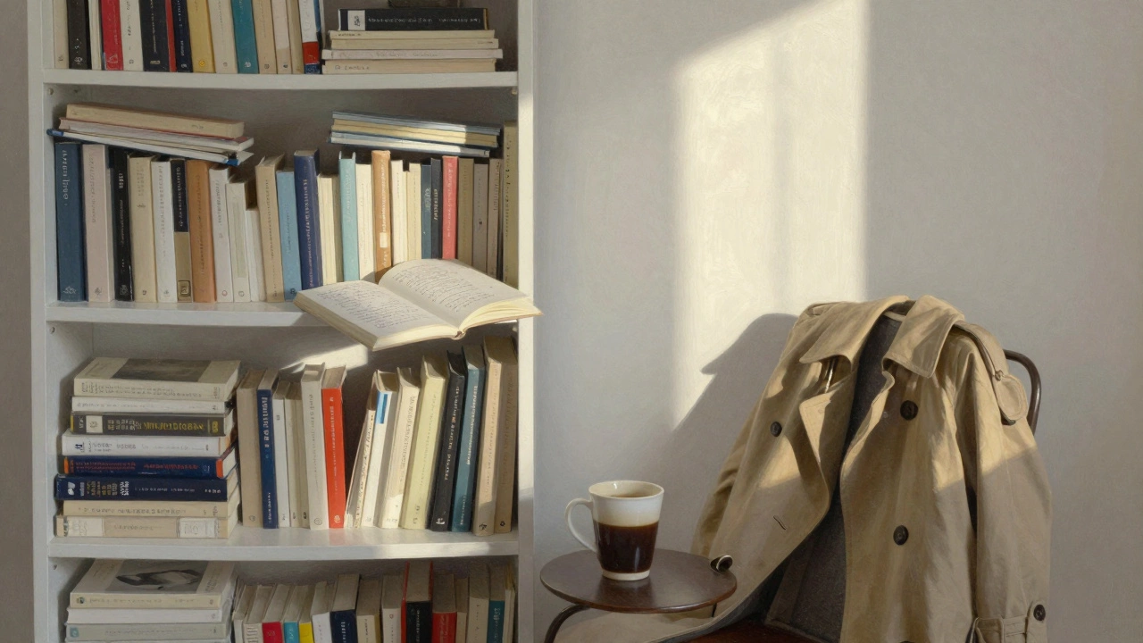 A sunlit Paris apartment at dawn, with an open notebook of poetry and a draped trench coat.
