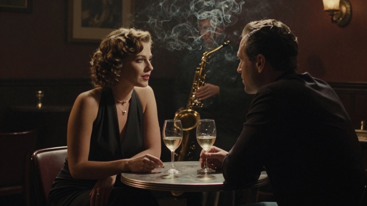 A woman and man converse quietly in a dim jazz club in Montmartre, wine glasses on the table.